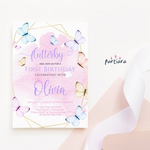 Modello di invito a farfalla per il 1° compleanno, invito per festa per ragazze stampabile, decorazioni rosa pastello blu viola, download digitale modificabile P171