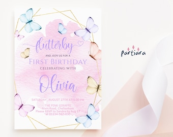 Baby Girl Butterfly Birthday Invite 1st Birthday Party Invitations Pastel Pink Lilac Blue Yellow Peach Butterflies Printable Download P171