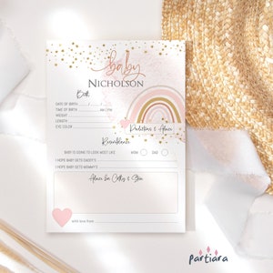 Regenboog babyshower voorspellingskaarten afdrukbaar, wenskaart meisjes wensen en advies, pastelroze decor, bewerkbare sjabloon download P136