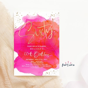 60th Birthday Invite Tropical Hot Pink Orange Brunch Party Invitation Ladies Summer Invites Card Printable Editable Digital Download P200