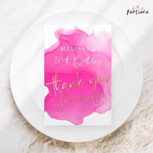 Biglietto di ringraziamento per compleanno, per donne, rosa acceso, per la cena, per il tavolo, per il benvenuto e il ringraziamento, stampabile, per ragazze adolescenti, modificabile, scaricabile P200