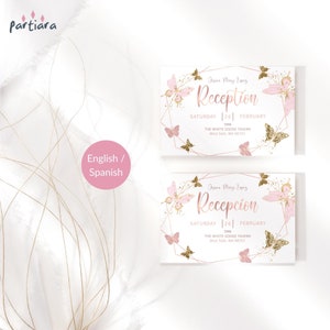 Tarjetas de recepción de quinceañera, fiesta de cumpleaños con mariposas, imprimibles, en español e inglés, decoración en oro rosa, editables P532