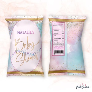 Einhorn Chip Taschen Baby Shower druckbare Label Girl, Pastell Regenbogen rosa Gold Dekor, bearbeitbare digitaler Download Gefälligkeiten Vorlage P179