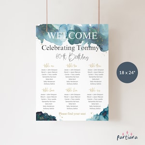 Birthday Seating Chart Teal Gold Decor Printable, Guests Seating Table Plan, Dinner Party Welcome Sign and Tables Allocation, Editable P231