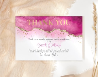 May include: Pink and gold thank you card with the text "Thank you so much for joining me tonight in celebration of my Sixtieth Birthday! I am truly blessed and grateful to have such wonderful friends and family to share this special occasion with. Love always, Steph x"