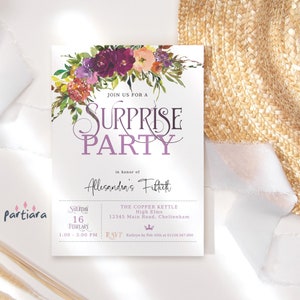 Ladies Birthday Surprise Party Invite Printable Floral Purple Peach Dinner Drinks Brunch Invitation Editable Digital Download Template P610