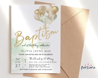 Mint Green Gold Baptism Invitation DIY Printable Digital Baby Boy or Girl Baptism 1st Birthday Party Invite Editable Template Download P10