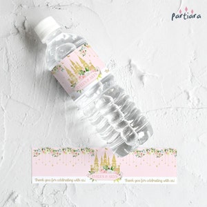 Water Labels Princess Birthday Printable, Fairytale Once Upon a Time 1st Birthday Label, Floral Castle Decor, Editable Blush Pink Gold P137