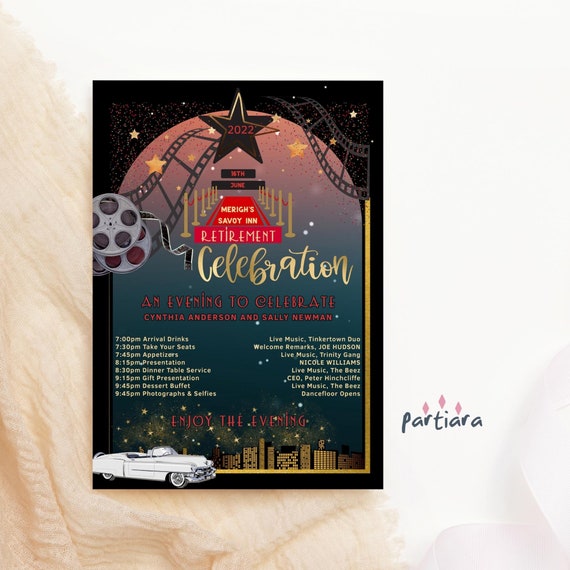 Hollywood Theme Party Program Cards Printable Men or Ladies Retirement  Celebration Editable Table Programs Black Red Gold Decor P667 