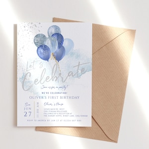 Puede incluir: Invitación a una fiesta de cumpleaños con globos azules y plateados, con el texto "Let's Celebrate" y "Oliver's First Birthday". La invitación incluye la fecha, la hora y el lugar de la fiesta.