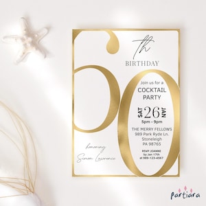 Digital 60th Birthday Invitation Download, Mens Dinner Drinks Party Invite Printable, All White Gold Decor, Editable Template P853