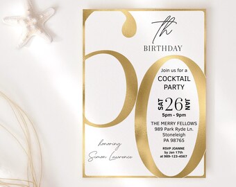 60th Birthday Invite Printable Gold All White Party Invitations for Men or Ladies Minimalist Simple Decor Editable Digital Download P853