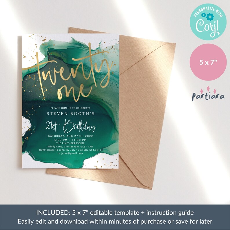 May include: A 5x7 inch editable invitation template for a 21st birthday party. The invitation features a green and gold abstract watercolor background with the text "Twenty One" in gold script. The invitation includes the birthday person's name, the date and time of the party, the location, and RSVP information.