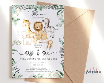 New Baby Sip and See Invitation Editable Greenery Safari Jungle Zoo Animals Party Invites Gender Neutral Boy or Girl DIY Printable P88