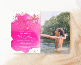 Party in Pink Invitation, Teens Birthday Invite Template, Hot Pink Editable Photo Card Printable, Digital Download P200