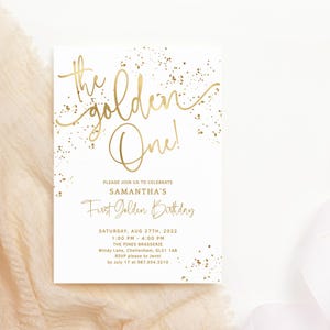 Golden One First 1st Birthday Invite Boy Girl Golden Party Invitation Editable Digital Download Template All White Gold Decor Printable P493