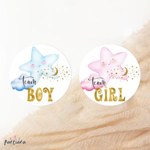 Gender onthullende stickers jongen meisje stemteam etiketten afdrukbare jongen of meisje blauw roze fonkelende kleine sterren wolk decor bewerkbare download P455