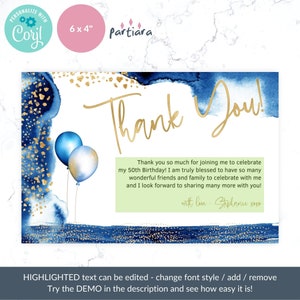 Blue Gold Birthday Thank You Card Printable Ladies or Mens - Etsy Australia