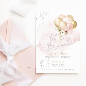Damesbrunch uitnodigen afdrukbare verjaardagsuitnodiging brunch brunch afdrukbare meisjes Blush roze gouden ballonnen 30e 40e 50e partij bewerkbare P10 P344