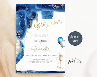 Spanish Birthday Invitation - Editable Party Invite Template - Men or Ladies Celebration Printable - Blue Gold Dinner Party Card P260