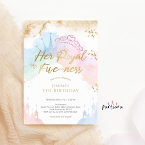 Princess 5th Birthday Invitation Printable Royal Highness Fairytale Party Invite Editable Digital Download Template Pastel Pink Gold P137