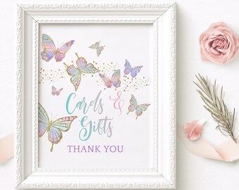 Butterfly Gift Table Sign, Girls Cards and Gifts Poster Decor Printable, Pastel Rainbow Butterflies Birthday Editable Digital Download P87