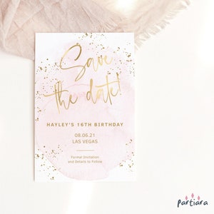Mädchen speichern die Datumskarte druckbare Blush Pink Gold Geburtstagsparty Ankündigung Karten Bearbeitbare Digital Download Vorlage P132 P249