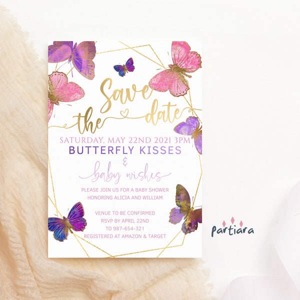 Butterfly Baby Shower Save the Date Announcement Card Editable Template Girl Save our Date Party Invites DIY Printable Digital Download P8