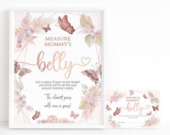 Measure Mommys Belly Boho Baby Shower Butterfly Game Sign Template Set Printable, Girls Pastel Pink Rose Gold Floral Decor, Editable P171