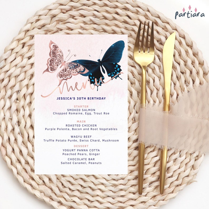 Pink Blue Butterfly Menu Card Printable Ladies Birthday Party Etsy México