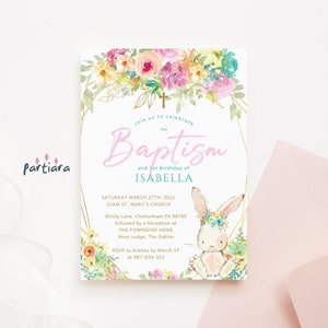 Faire-part de baptême lapin pour filles, premier anniversaire lapin, invitation imprimable, carte de Pâques commune 1ère fête, pastel arc-en-ciel Floral modifiable P310