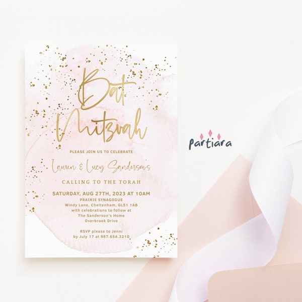 Bat Mitzvah Invite Editable Template Blush Pink Gold Girls Party Invitation Printable Corjl Digital Download P249