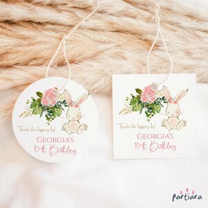 Etiquettes pour cadeaux lapin, étiquette cadeaux pour Pâques, anniversaire de Pâques ou modèle de baby shower pour filles, décoration florale rose bohème, téléchargement numérique modifiable P376