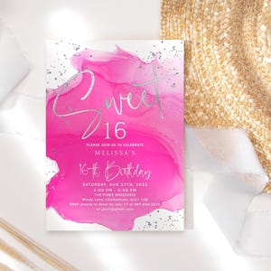 Fuchsia Hot Pink Silver 16th Birthday Invitation Printable Girl&#39;s Sweet 16 Sixteen Party Invite Editable Digital Download Template P200