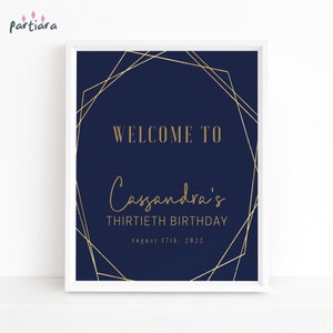 Placa de boas-vindas de aniversário, pôster de boas-vindas para mesa de jantar masculina para impressão, decoração azul marinho dourada para 30, 40 e 50 anos, modelo editável para download P86