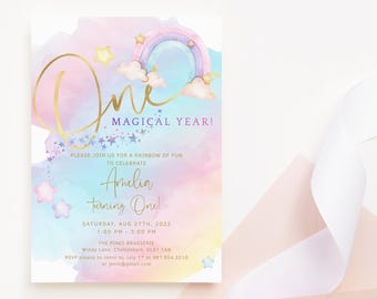 One Magical Year 1st Birthday Invite Girl Pastel Rainbow Tea Party Invitation Printable Editable Digital Download Template P179