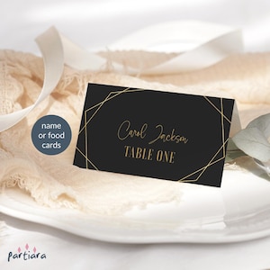 Tarjetas de lugar geométricas, plantilla para tarjetas de lugar de cumpleaños, tarjeta imprimible con nombre para cenas de hombres, decoración para eventos en negro y dorado, editable P86
