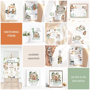 May include: A set of printable woodland animal themed party decorations, including invitations, a welcome sign, a first year milestone poster, a treat sign, a books and gifts sign, and a sip and see invitation. The decorations feature a green, brown, and white color scheme with illustrations of woodland animals like bears, foxes, deer, and raccoons.