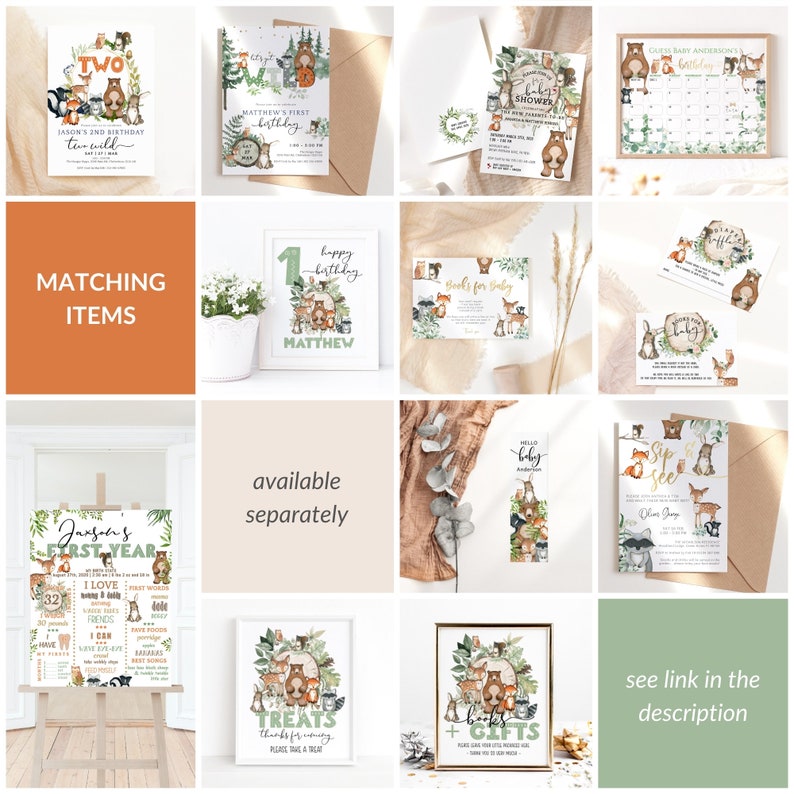 May include: A set of printable woodland animal themed party decorations, including invitations, a welcome sign, a first year milestone poster, a treat sign, a books and gifts sign, and a sip and see invitation. The decorations feature a green, brown, and white color scheme with illustrations of woodland animals like bears, foxes, deer, and raccoons.