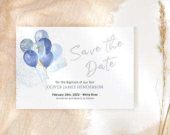 Baptism Save the Date Card Boy Christening Party Announcement Cards Printable Save our Dates Blue Silver Balloons Editable Download P219