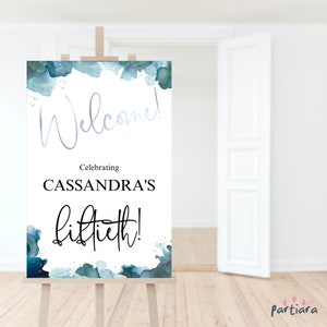 Ladies Printable Birthday Party Welcome Sign Teal Blue Silver Mens Retirement Dinner Poster Decor Editable Digital Download Template P279