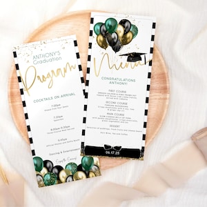 Scheda del programma di laurea dei ragazzi, menu con programmi stampabili, decorazioni per la tavola degli eventi stampabili, palloncini verdi, neri e dorati, download modificabile P782