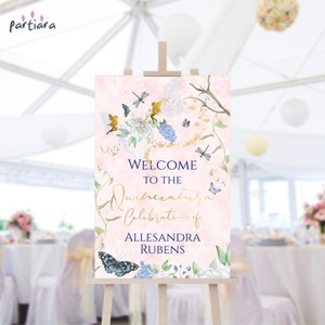 Letrero de hada rosa para quinceañera, fiesta de bienvenida del bosque encantado, imprimible, póster de jardín con mariposas florales azules, editable (P204)