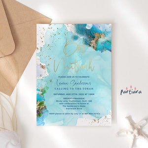 Bat Mitzvah Invitations Digital Download, Teal Blue Summer Batmitzvah Party Invite Printable, Editable Template P243