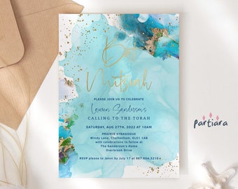 Bat Mitzvah Invitations Digital Download, Teal Blue Summer Batmitzvah Party Invite Printable, Editable Template P243