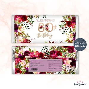 80. Geburtstag Etiketten Candy Bar Favor Label Druckbare Boho Blumen rosa rot lila Dekor für Damen bearbeitbare Schokoladenetikettvorlage P444