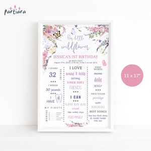 May include: A framed 11 x 17 inch print with floral and butterfly illustrations. The print is a personalized birthday milestone chart with the text "Our little wildflower" and details including height, weight, and favorite things.