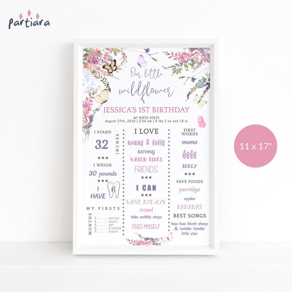 Wildflower Milestone Chart, 1st Birthday Birth Stats Poster Printable, Butterfly Floral Enchanted Garden Party Decor Editable Template P256