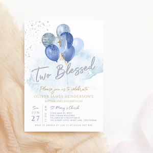 Two Blessed 2nd Birthday Baptism Invite Printable Boys Blue Silver Party Balloons Invitation Editable Digital Download Template P291