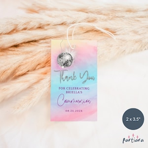 Étiquettes d'anniversaire disco, ados Merci étiquette cadeau imprimable, pastel arc-en-ciel rose argent étiquettes de faveur, téléchargement numérique modifiable P179